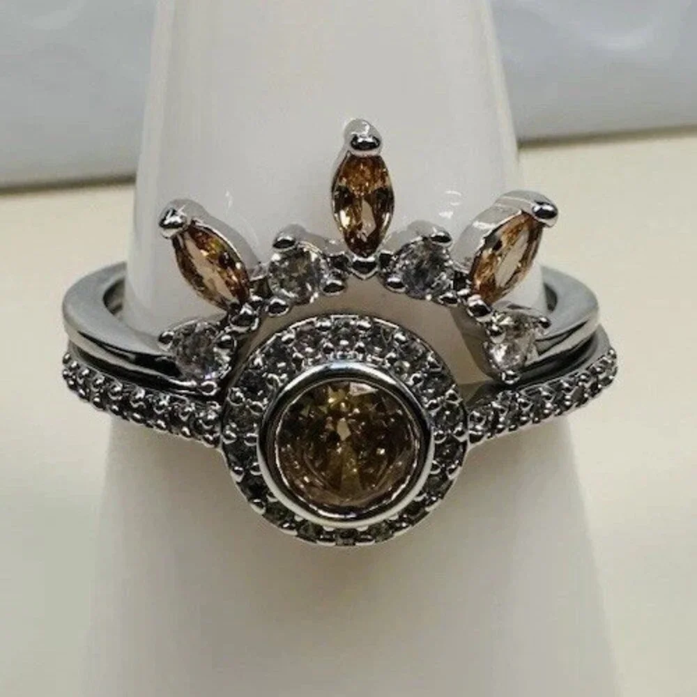 Bomb Party Size 8 Rhodium Plated Champagne Crystal Crown Ring Set
